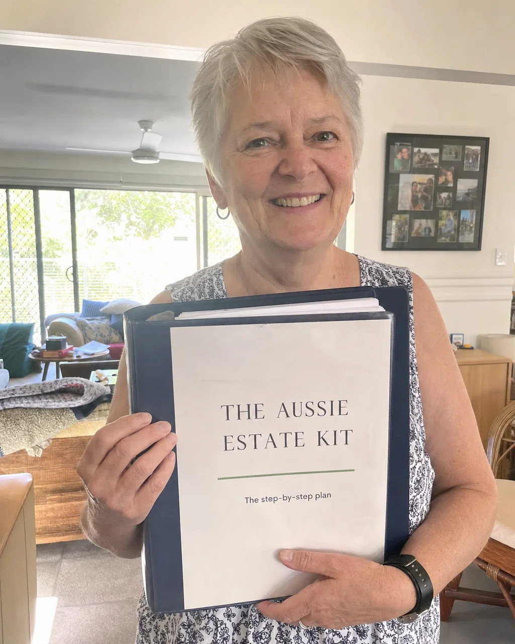Dawn holding her completed Aussie Estate Kit